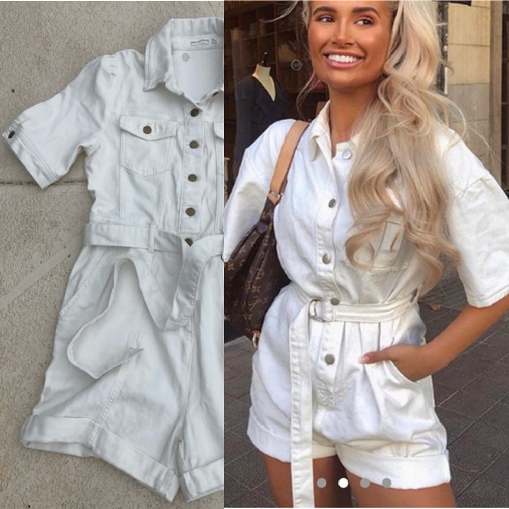 Avec Les Filles- Revolve/anthropology white denim short sleeve belted romper